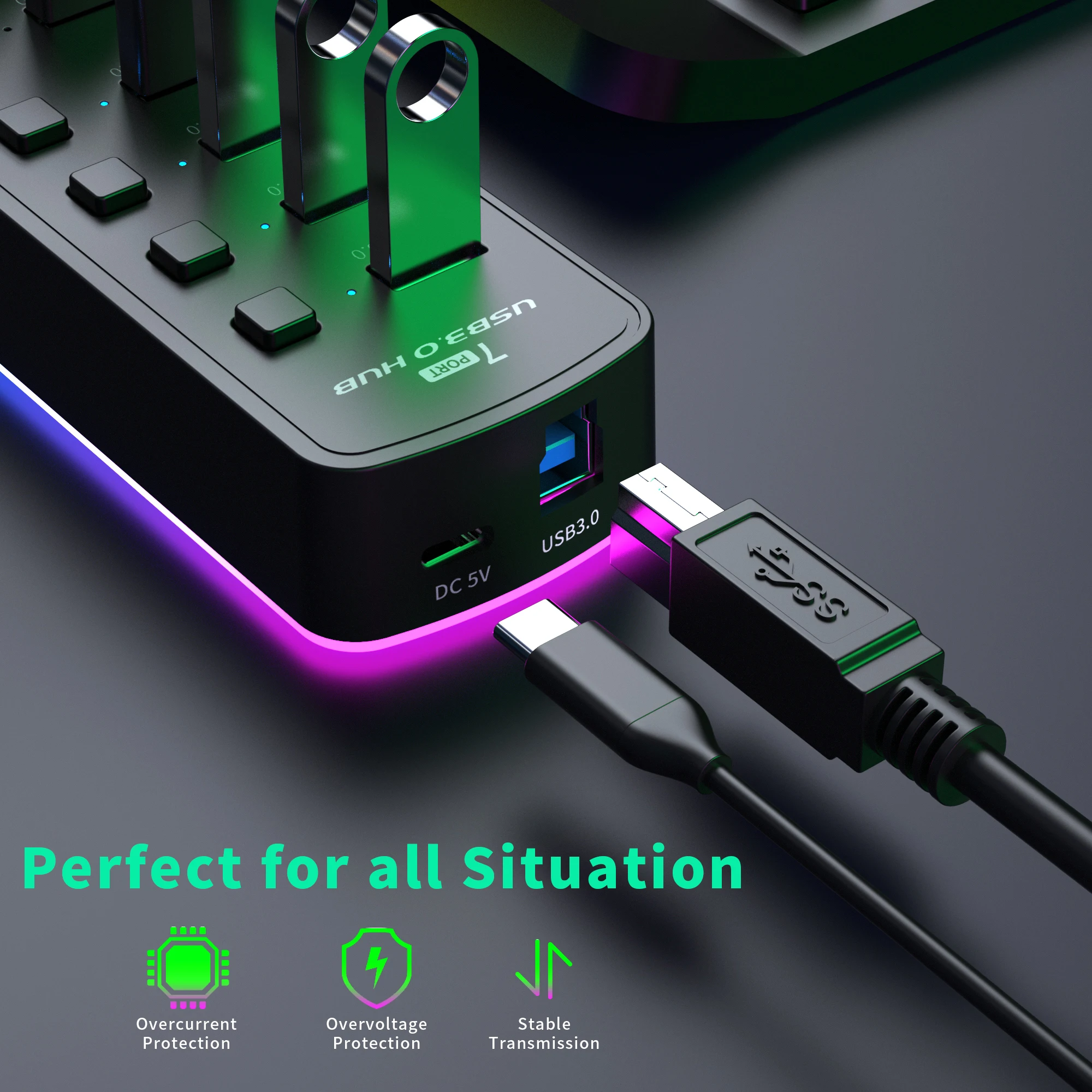 7-Port USB 3.0 Hub with On/Off Switches – 5Gbps Splitter - Image 2
