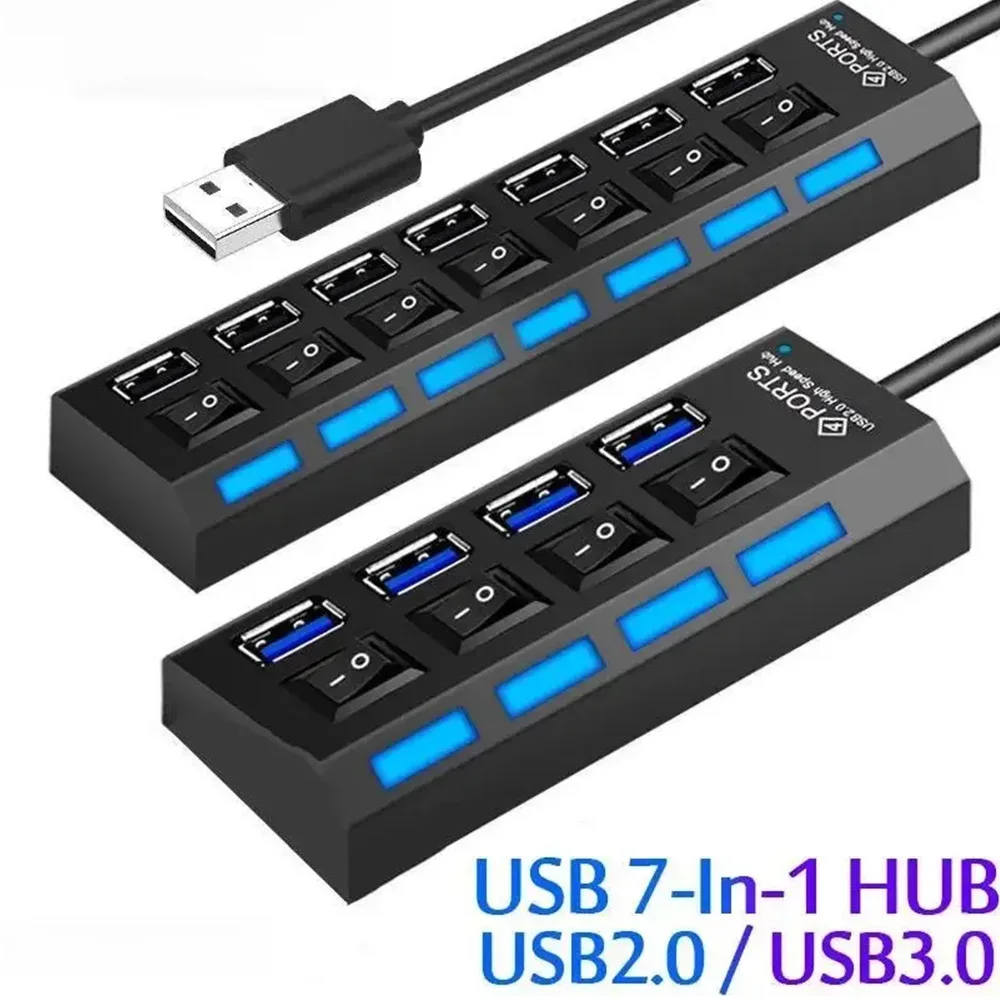 7-Port USB 2.0 Hub - Switch Extension for PC & Laptop